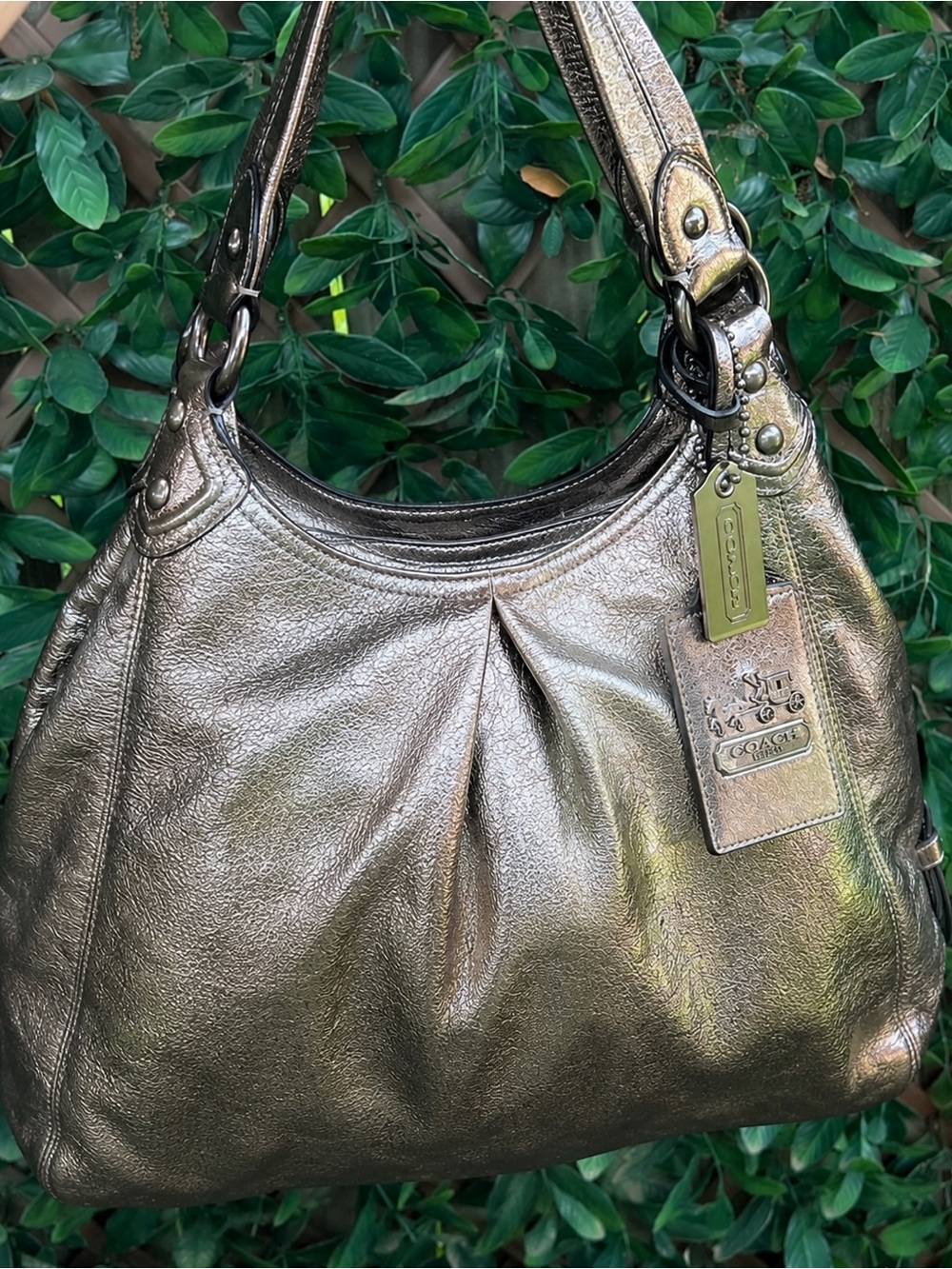 COACH Madison Maggie Metallic Crackled Leather Hobo Bag